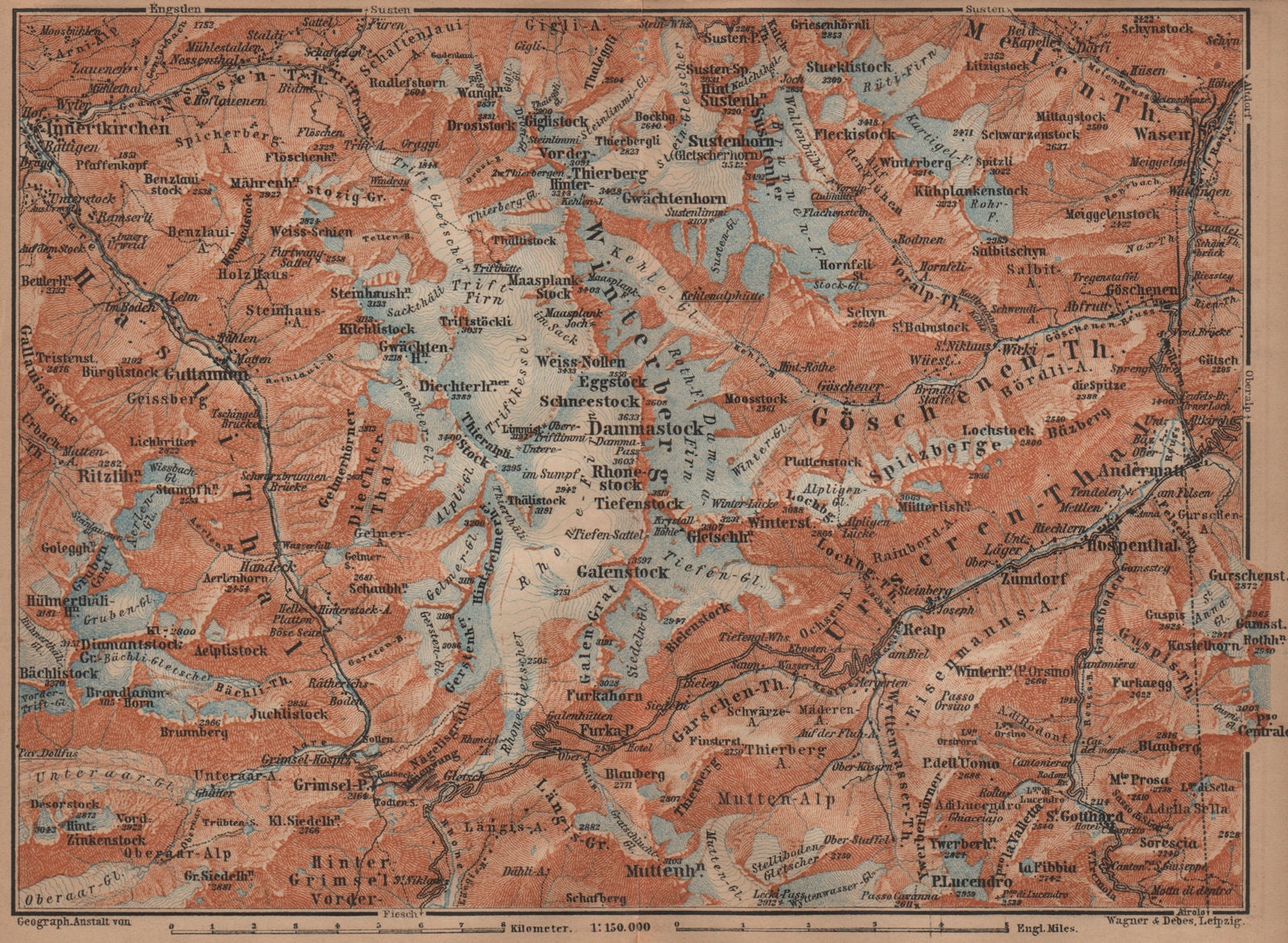 URNER/URI ALPS. Trift district. Andermatt Innertkirchen Dammastock 1905 map